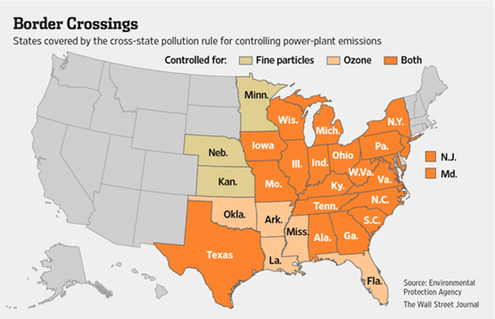 The map above shows states that are regulated for ozone or fine particulate. Source: US EPA.