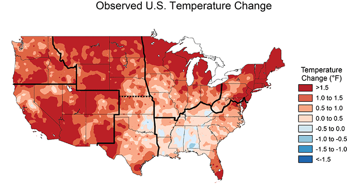 Source: National Climate Assessment. The colors on the map show temperature changes over the past 22 years (1991-2012) compared to the 1901-1960 average. The period from 2001 to 2012 was warmer than any previous decade in every region.