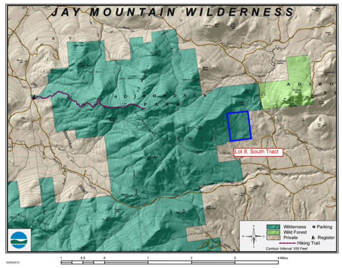 Blue box outlined the 200 acres known as Lewis Lot 8, in the Jay Mountain Wilderness Area, where "mineral exploration" and possible sale were authorized in a Constitutional Amendment narrowly passed in November 2013.