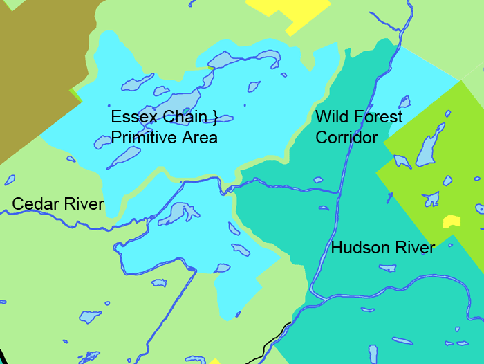 This map shows the Essex Chain Primitive area and surrounding Wild Forest and Wilderness areas. Note the Wild Forest corridor.