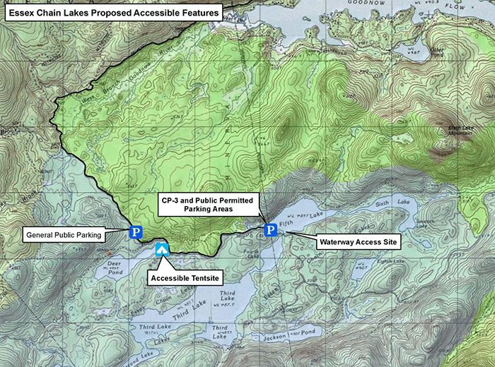 DEC proposes public access to the Essex Chain through Deer Pond and an extended permit-only drive-in access to Fifth Lake. PROTECT opposes the Fifth Lake access. PROTECT supports special access only for disabled individuals through the existing DEC CP-3 policy.