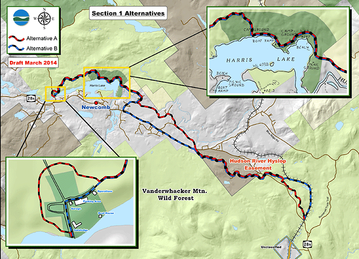 DEC's proposal to build a snowmobile trail that links Newcomb to Minerva through Harris Lake and the Route 28N corridor.
