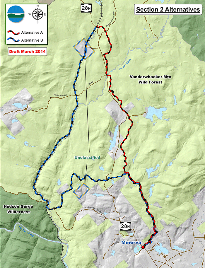 DEC's proposal to either run a Newcomb to Minerva snowmobile trail on part of the Upper Hudson Railroad corridor or alongside Route 28N/ Both of these proposed routes have problems.