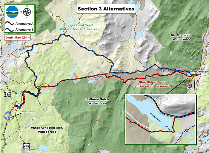 DEC options for a Newcomb to North Hudson snowmobile trail connection. PROTECT supports a route that utilizes the existing Golf Brook Road and conservation easement lands south of the Blue Ridge Road.