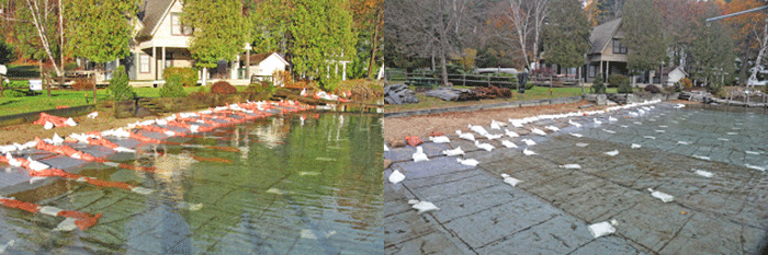 Scenes from Asian clam treatments on Lake George. The mats must remain in place for months. This containment effort is very expensive and very disruptive.