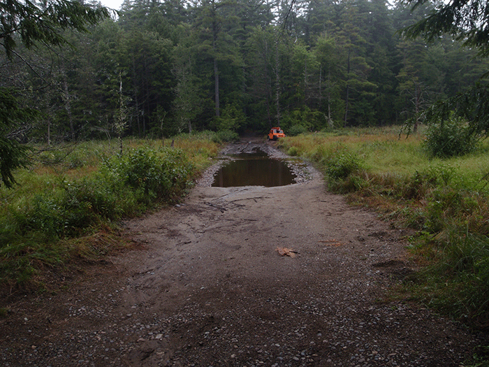 Large wetland 1 miles from parking area at beginning of Crane Pond Road on the Forest Preserve. This stretch of road is badly chewed up. A number of vehicles, such as this jeep, have been stuck in the mud here.