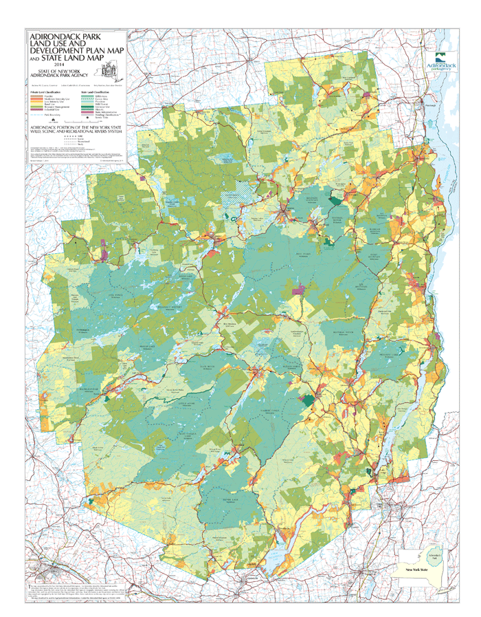 Map shows Forest Preserve State Land Master Plan classifications, conservation easement lands, and the various APA private land regulatory classifications.