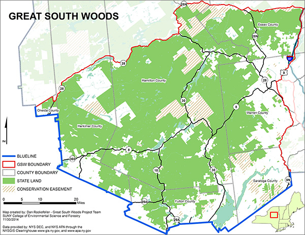 The map above depicts the Great South Woods planning area, which covers almost half the southern half of the Park.
