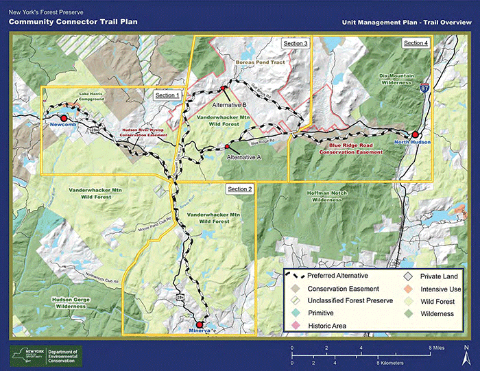 Proposed new community connector snowmobile trails from Newcomb to Minerva and Newcomb to North Hudson. The North Hudson route has two alternatives shown on this map.