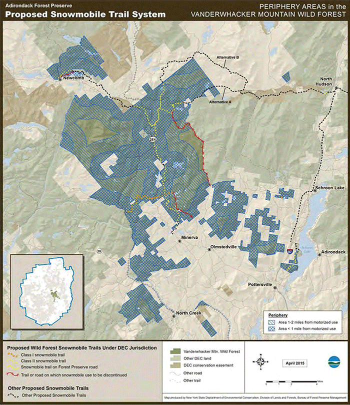 This map shows areas close to motorized corridors and areas more remote from motorized uses. This map also shows snowmobile trails proposed to be closed.