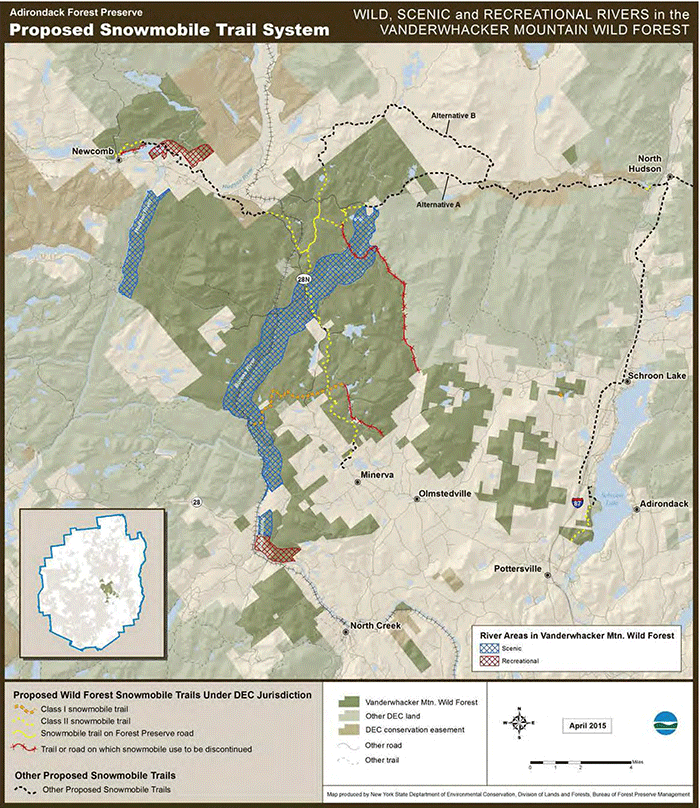 This map shows Wild, Scenic and Recreational River corridors that impact decision making and planning for routing new community connector snowmobile trails. DEC made the decision to postpone planning for snowmobile use with the Hudson River corridor, but the Newcomb to Minerva snowmobile trail will need to comply with the Rivers Act for the Boreas River, a classified Scenic River.