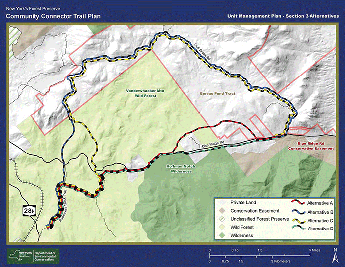 This map shows trail options to connect from from Route 28N east of Newcomb to the Gulf Brook Road.