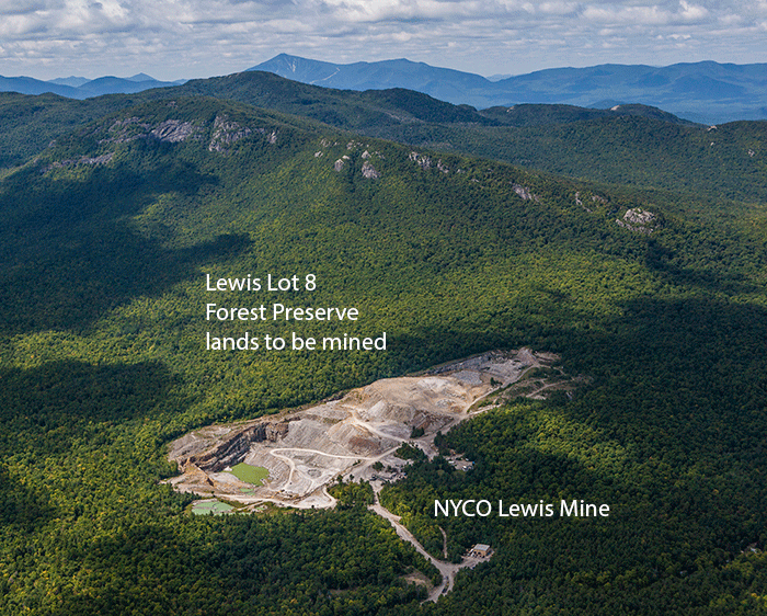 An aerial of the NYCO Minerals, Inc., mine that has long bordered Forest Preserve lands. 200 acres. known as "Lewis Lot 8", will be transferred from the Jay Mountain Wilderness area to NYCO so that it can expand its open pit mine. Picture by Nancie Battaglia.