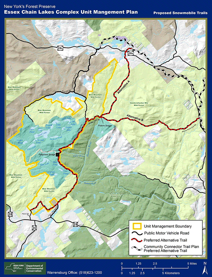 This map shows the two new snowmobile trail options through a wild and trailless part of the Vanderwhacker Mountain WIld Forest that will connect to the Polaris Bridge.