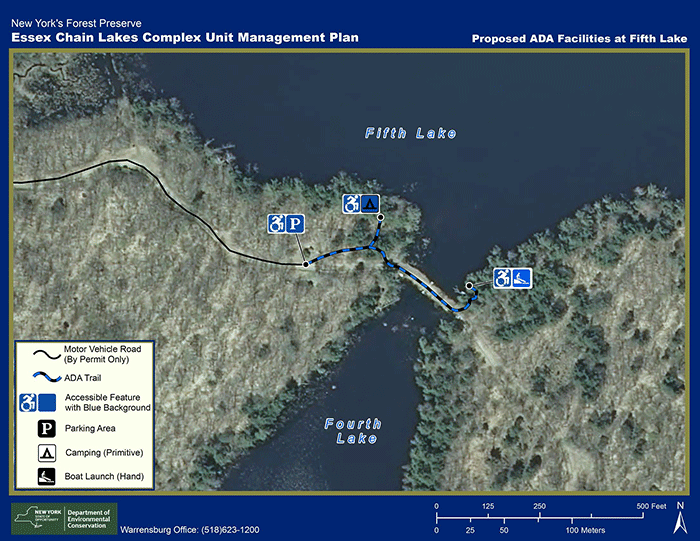 This picture shows the road between 4th-5th lakes on the Essex Chain Lakes. This road should be removed and the channel restored. Special access for the disabled should be facilitated on the north side of 4th or 5th Lake.