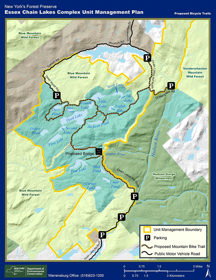 This map shows a proposal for mountain biking along some of the former logging roads in the Essex Chain Complex Area.