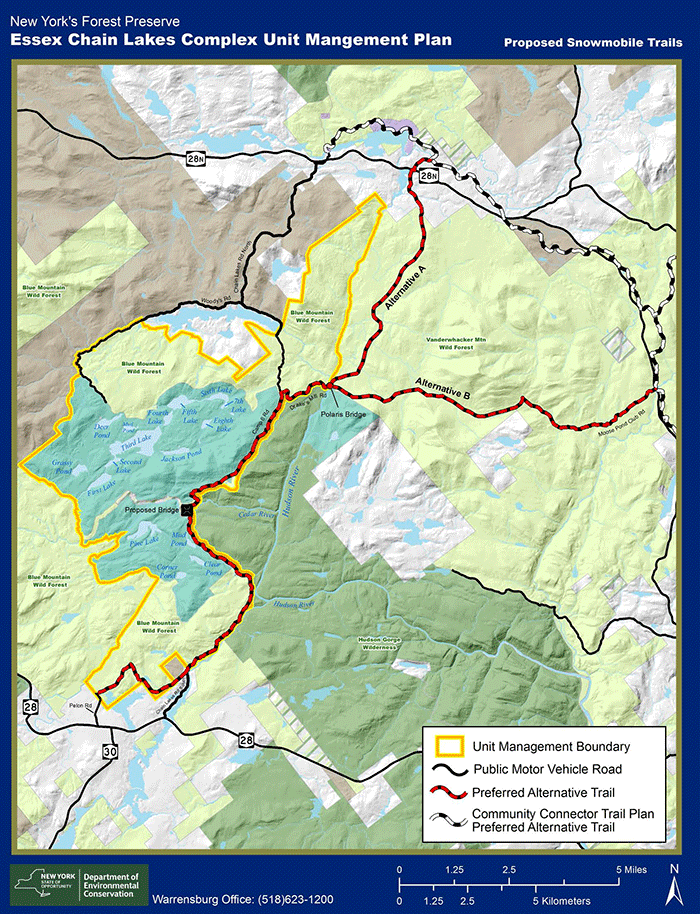 This map was produced by the Department of Environmental Conservation and show two new snowmobile trails that it would cut through wild trail less parts of the Vanderwhacker Wild Forest to utilize the Polaris Bridge. Without these trails, the Polaris Bridge is a bridge to nowhere.