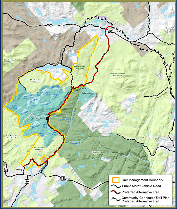This map shows DEC's favored alternative that seeks to build a new snowmobile trail through the Vanderwhacker Mountain Wild Forest area. Note that unlike the map above, the DEC does not show the existing Indian Lake to Newcomb snowmobile trail, which connects to Minerva. This is a new high for disingenuousness by the DEC.