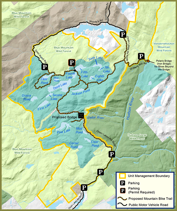 This map shows mountainbiking routes through the Essex Chain Lakes Primitive Area. Currently, the State Land Master Plan prohibits mountainbiking in Primitive Areas, yet the DEC-APA are seeking to approve mountainbiking in this area with then hopes of amending the State Land Master Plan at a later date. The APA has never before approved a UMP with controversial management options that require an amendment to the State Land Master Plan. This is bad public process.