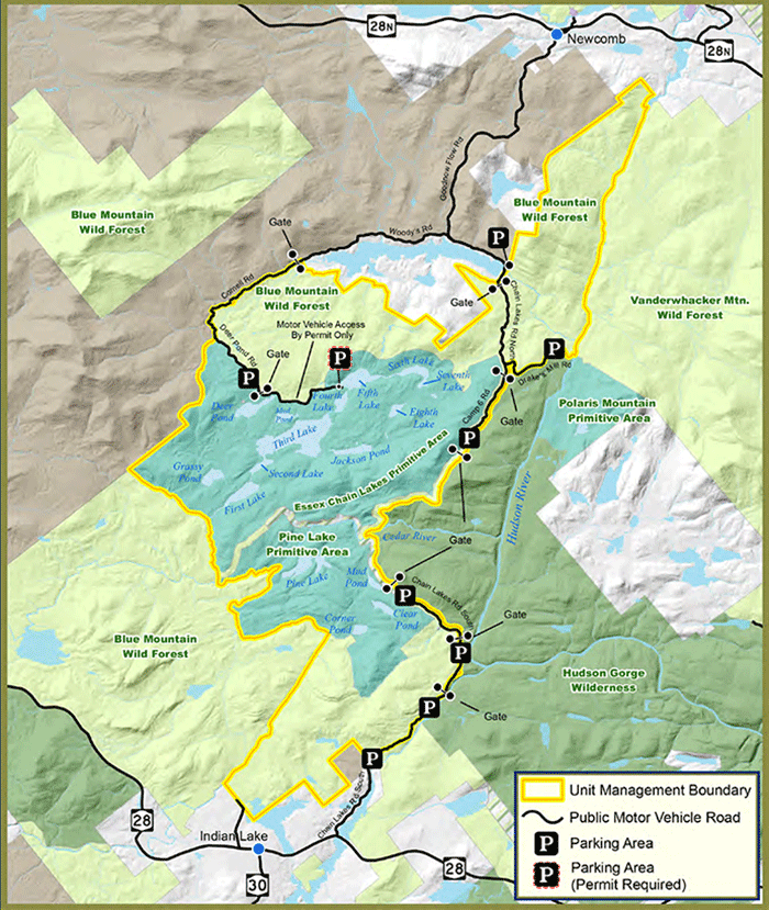 This map shows the boundaries of the Essex Chain Lakes Complex, a mixture of Forest Preserve lands classified as Primitive and Wild Forest. These lands were controversially classified in 2013 with expansive Wild Forest areas, including a motorized Wild Forest corridor through the heart of the area.