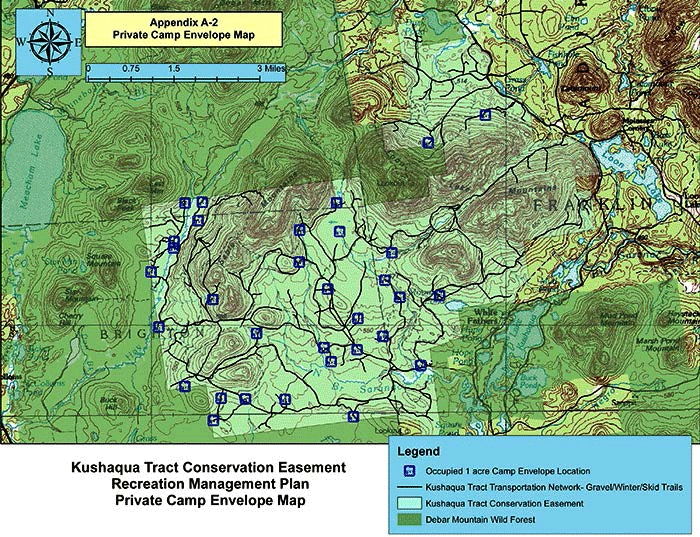 The Kushaqua conservation easement tract has over 30 permanent hunting camps. Public access is widespread but very much shared with exclusive recreational access of the leased camps.