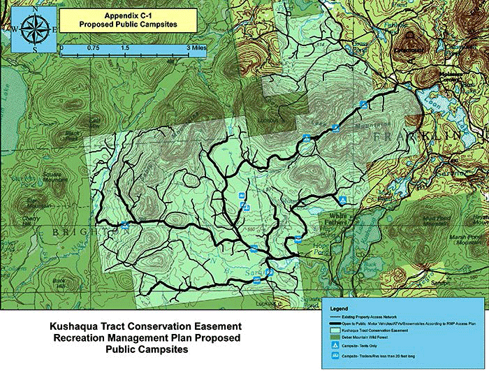 Proposed public campsites on the Kushaqua tract. These are all drive-in campsites to be accessed with automobile pulloffs with five outfitted for trailer parking.