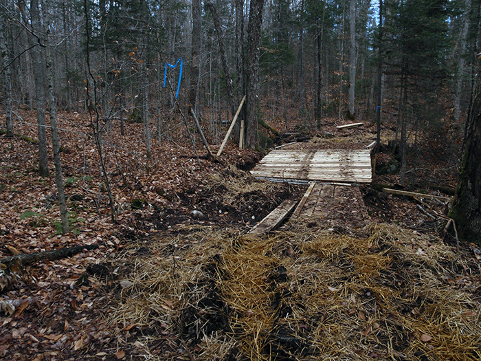 A new bridge on the new class II community connector snowmobile trail around Harris Lake. Note that the bridge is around 12.5 feet and the disturbed area leading too the bridge is much wider than that.