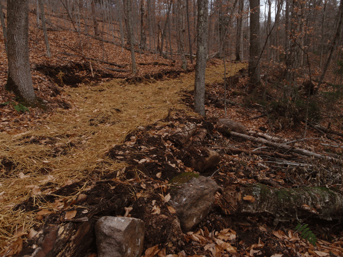 These three pictures show windrows of boulders, cut trees, stumps and other debris lined alongside the Harris Lake trail. The Guidance calls for care in this work. Many part of this trail have a hardened trail edge lined with boulders and debris.