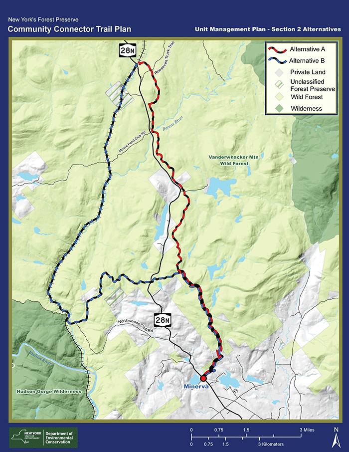 These two maps show the new 10-mile class II community connector trail from Newcomb to Minerva currently under construction by state agencies through the Vanderwhacker Mountain Wild Forest area of the Forest Preserve. The top map shows the route pictured below that runs from the Hyslop Conservation Easement tract to the Roosevelt Truck Trail. The map above shows the lower stretch of this trail. 