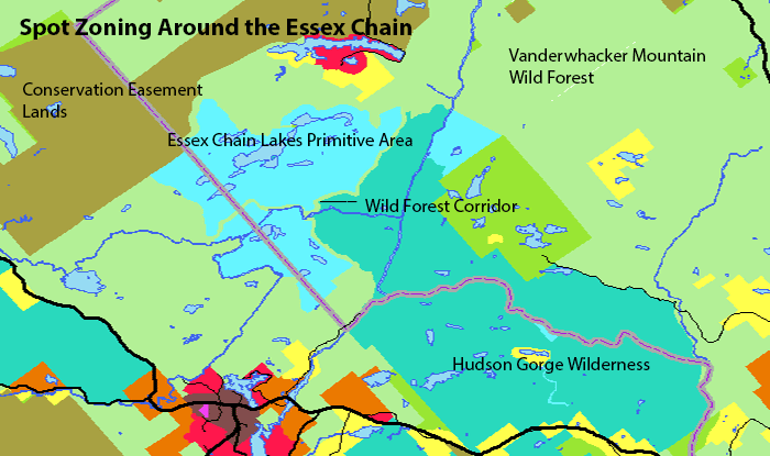 This map shows the spot zoning of a Wild Forest corridor to allow motorized uses sandwiched between Wilderness and Primitive Areas. Not content with spot zoning to facilitate motorized uses, the APA went ahead and voted to allow motorized uses in the Essex Chain Lakes Primitive Area.