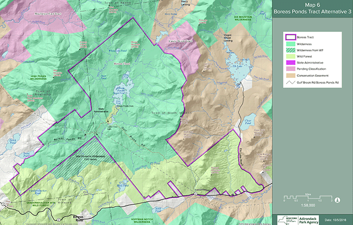 Option 3 extends the Wilderness area south, but includes an island of Wild Forest lands at the south end of the Boreas Ponds. The other major problem is the nearly 9-mile long Wild Forest corridor that runs through the Wilderness lands. Classifications should be for big blocks of 