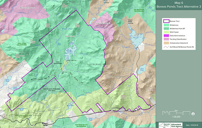 Option 3 extends the Wilderness area south, but includes an island of Wild Forest lands at the south end of the Boreas Ponds. The other major problem is the nearly 9-mile long Wild Forest corridor that runs through the Wilderness lands. Classifications should be for big blocks of